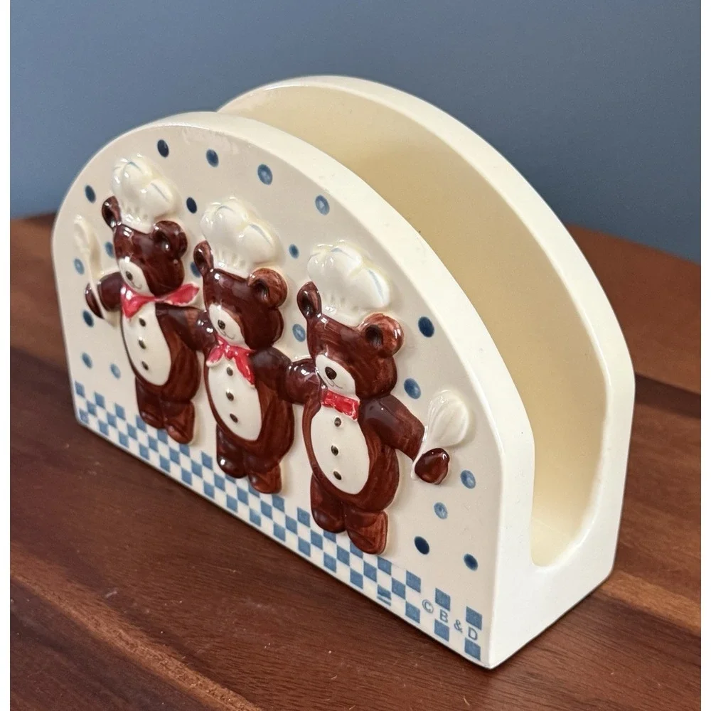 Vintage Teddy Bear Chef‎ Napkin Holder Ceramic Blue Check Polka Dot Hand painted